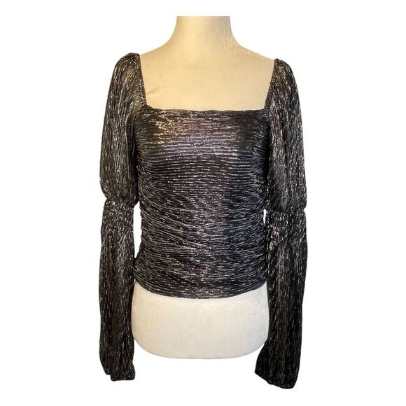 Line & Dot Olivia Mesh Blouse Black Silver Stripe Long Sleeve Metallic S Line - Picture 3 of 11
